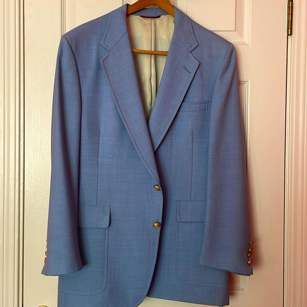 Powder blue wool blend suit jacket
